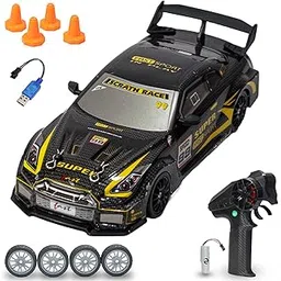 VikriDA 1:24 Scale RC Drift Car - 4WD High-Speed RC Racing Car with LED Lights, 2.4GHz Controller, Two Rechargeable Batteries & Drifting Tires - Black & Yellow-picture-11