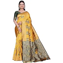 vimasashi Gold Yellow Green Rich Cotton Silk Jacquard Banarasi Kanjivaram Style Sarees For Women With Rich Pallu And Unstich Blouse image 1