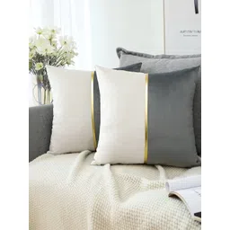 Vinayaka Fab Grey & White Set of 2 Striped Velvet Square Cushion Covers-picture-14