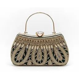 Vintage Beaded Evening Clutch, Green Velvet Wedding Purse, Gold Crystal Clasp-picture-45