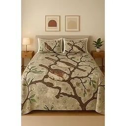 Vintage Bird and Cherry Blossom Beige and Brown Floral Pattern, King Size Bed Sheet-picture-12