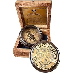 Vintage Boy Scouts Compass and Oath Set with Wooden Box, 5.08 cm, Brass and Glass, Antique Navigation Tool-picture-15