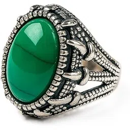 Vintage Style Green Gemstone Ring, Antique Silver Tone, Oval Cut-picture-26