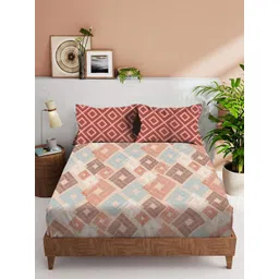 VINTANA Beige & Blue 160 TC Queen Bedsheet with 2 Pillow Covers-picture-12