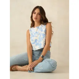 VIRGIO Beige Cotton Floral Sleeveless Top-picture-21