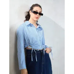 VIRGIO Blue Cotton Stripes Long Sleeves Shirt-picture-33