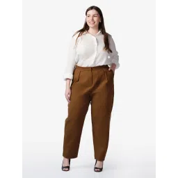 VIRGIO Coffee Brown Straight Fit Solid Trousers image 4