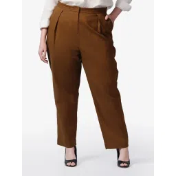 VIRGIO Coffee Brown Straight Fit Solid Trousers image 1