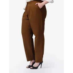 VIRGIO Coffee Brown Straight Fit Solid Trousers image 3