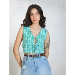 VIRGIO Green Cotton Checks Sleeveless Crop Top-picture-33