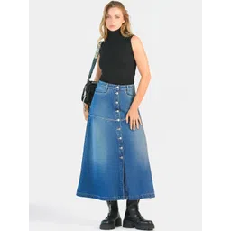 Virgio Solid Cotton Denim A-Line Midi Skirts-picture-24