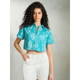 VIRGIO Turquoise Cotton Linen Print Short Sleeves Crop Top-picture-28
