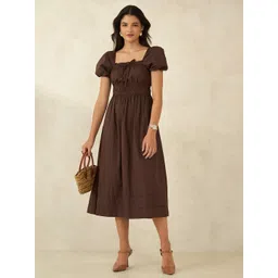 Virgio Women Cotton Square Neck Midi Short Sleeves Dress-picture-24