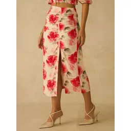 Virgio Women Floral Printed Viscose Side-Slit Midi Skirt image 2