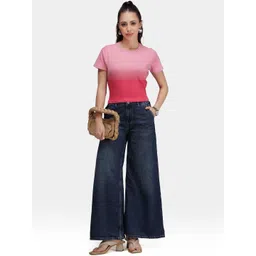 Virgio Women Solid Cotton Round Neck Short Sleeves Dip Dye Rib Top-picture-13