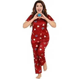 vishishtadvaita Women's Satin Heart Printed Night Suit Set of Shirt & Pyjama-picture-56