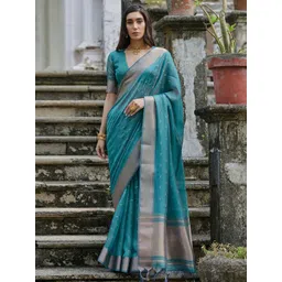 VISHNU WEAVES Sky Rama Woven Design Linen Silk Zari Butti Weaves Saree-picture-34