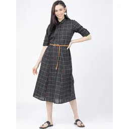 Vishudh Black & White Checked Shirt Midi Shirt Dress With Belt-picture-36
