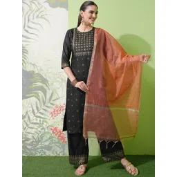 Vishudh Black Ethnic Motifs Printed Straight Kurta With Palazzos & Dupatta-picture-42