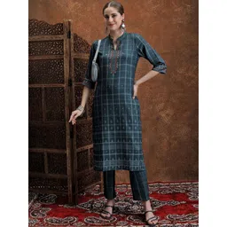 Vishudh Blue Ethnic Motifs Woven Design Mandarin Collar Straight Kurta With Trouser-picture-15