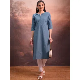 Vishudh Blue Floral Embroidered Notched Neck Straight Kurta-picture-16