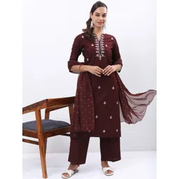 Vishudh Burgundy & Pink Floral Embroidered Kurta With Palazzos & Dupatta image 1