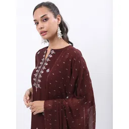 Vishudh Burgundy & Pink Floral Embroidered Kurta With Palazzos & Dupatta image 3