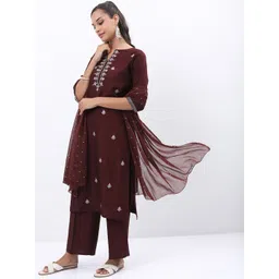 Vishudh Burgundy & Pink Floral Embroidered Kurta With Palazzos & Dupatta image 5