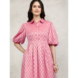 Vishudh Ethnic Motifs Cotton Puff Sleeve Shirt Midi Dress-picture-33
