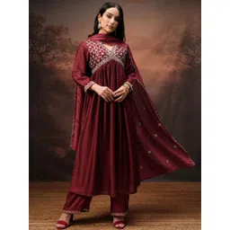 Vishudh Floral Embroidered V-Neck Sequinned Empire Anarkali Kurta With Palazzo & Dupatta-picture-37