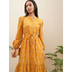 Vishudh Floral Print Bishop Sleeve Tiered and Fit & Flare Midi Dress-picture-17