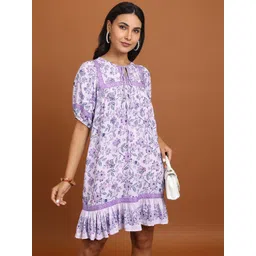 Vishudh Floral Printed Tie-Up Neck Puff Sleeves Tiered A-Line Dress-picture-22