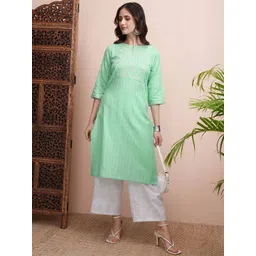 Vishudh Floral Yoke Design Keyhole Neck Thread Work Straight Cotton Kurta-picture-19