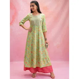 Vishudh Green Floral Printed Round Neck Mirror Work Panelled Anarkali Kurta-picture-15