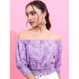 Vishudh Lavender Ethnic Printed Off-Shoulder Smocked Bardot Crop Top-picture-13
