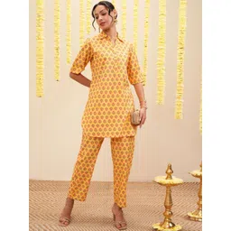 Vishudh Mustard Floral Printed Shirt Collar Tunic With Trouser-picture-30
