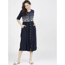 Vishudh Navy Blue & White Ethnic Motifs Midi Dress-picture-37