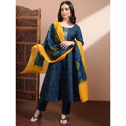 Vishudh Navy Blue Floral Printed Round Neck Regular Straight Kurta & Trouser With Dupatta-picture-33