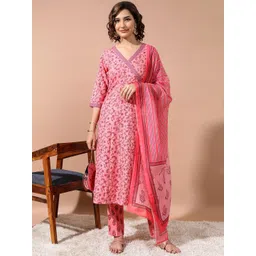 Vishudh Pink Ethnic Motifs Printed Angrakha Kurta With Trousers & Dupatta-picture-12