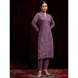 Vishudh Purple Floral Printed Printed V-Neck Long Sleeves Regular Kurta With Trouser-picture-29
