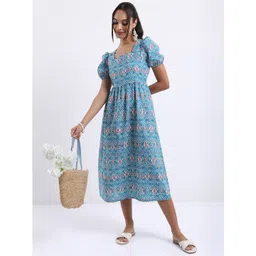 Vishudh Turquoise Blue Ethnic Motifs Printed Square Neck Midi A-Line Dress-picture-24