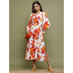 Vishudh White Floral Printed Cuffed Sleeves Tie-Up A-Line Midi Dress-picture-35