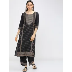 Vishudh Women Black & Gold-Coloured Ethnic Motifs Printed Kurta with Trousers-image-37