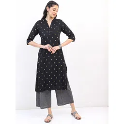 Vishudh Women Black & Gold-Toned Floral Printed Kurta-picture-14