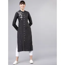 Vishudh Women Black & Off-White Checked Straight Kurta-picture-10