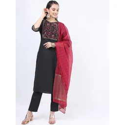 Vishudh Women Black Floral Embroidered Kurta with Trousers & With Dupatta-picture-39