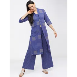 Vishudh Women Blue & White Striped Kurta with Palazzos & Jacket-picture-27