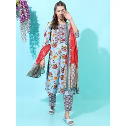 Vishudh Women Blue Floral Pure Cotton Kurta with Trouser & Dupatta-picture-35