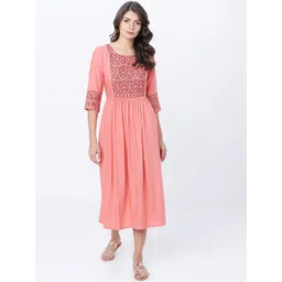 Vishudh Women Coral Peach Solid Fit & Flare Dress-image-32