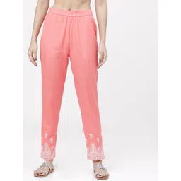 Vishudh Women Coral Pink Pure Cotton Slim Fit Solid Regular Trousers image 1